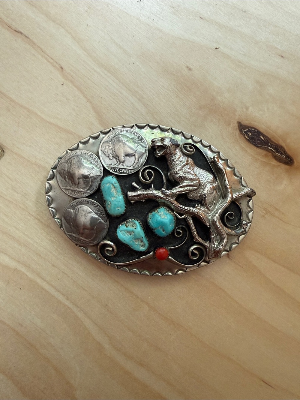 Vintage Silver-Tone Belt Buckle with Turquoise and Red Accents